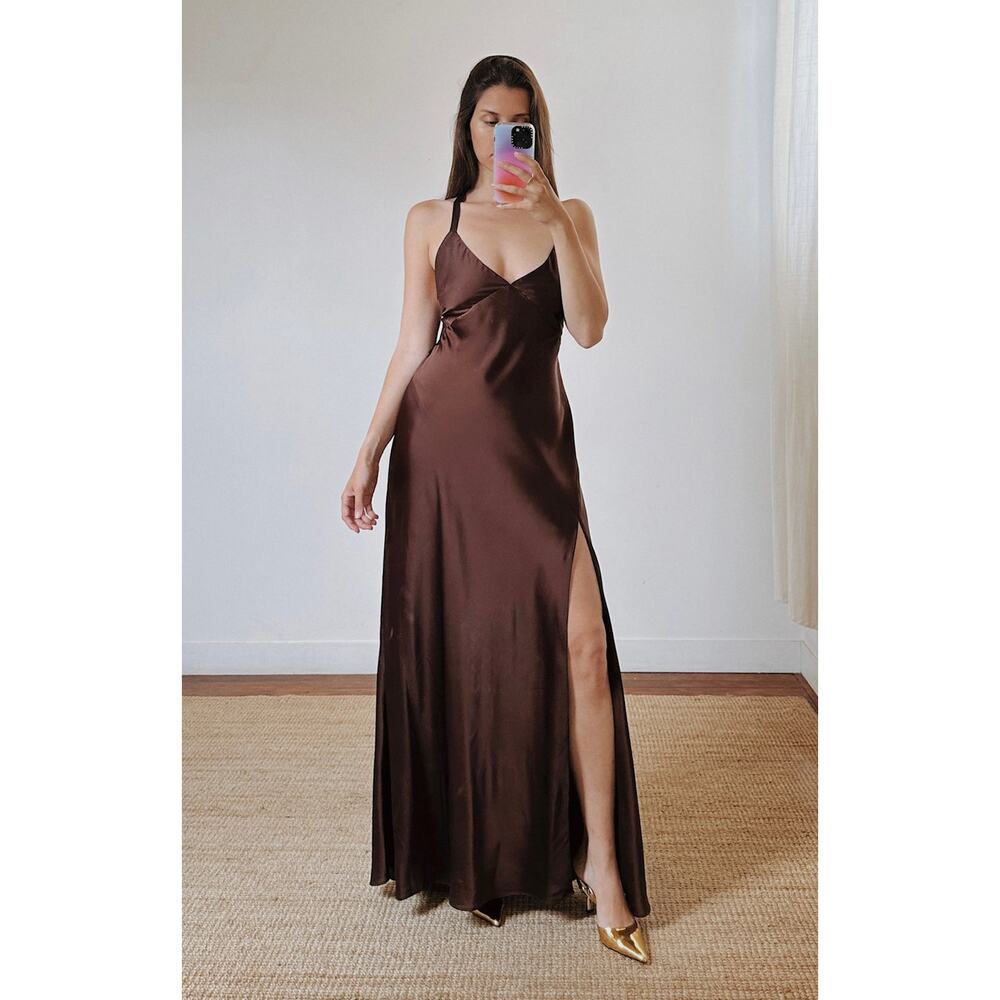 Show Me Your Mumu Anderson Maxi Dress in Chocolate Brown Luxe Satin XS